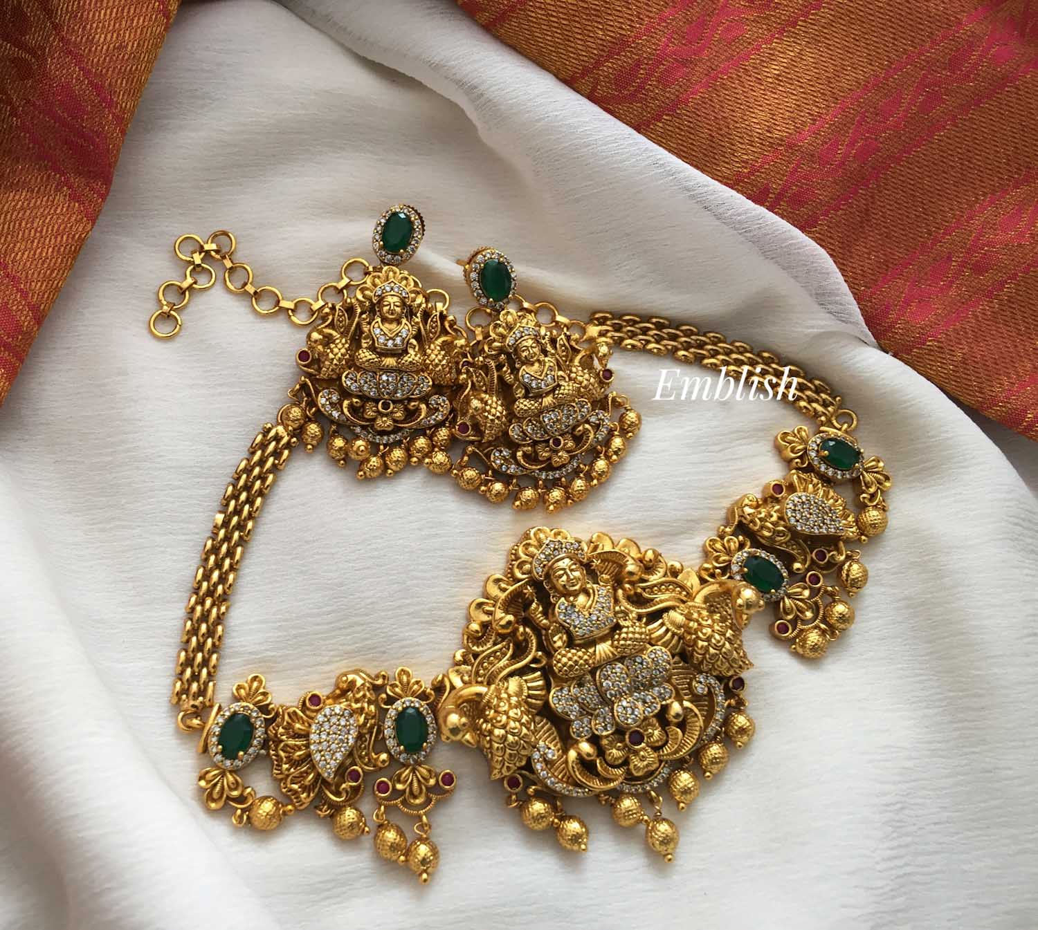 Gold alike Lakshmi with peacock green stone choker - Gold drops